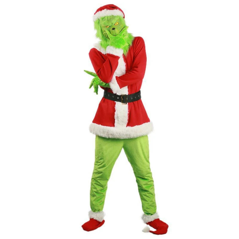 Grinch Christmas Costume Adult Green Fleece Santa Suit Red White Trim Holiday Party Outfit Cosplay Full Set Unisex Polyester