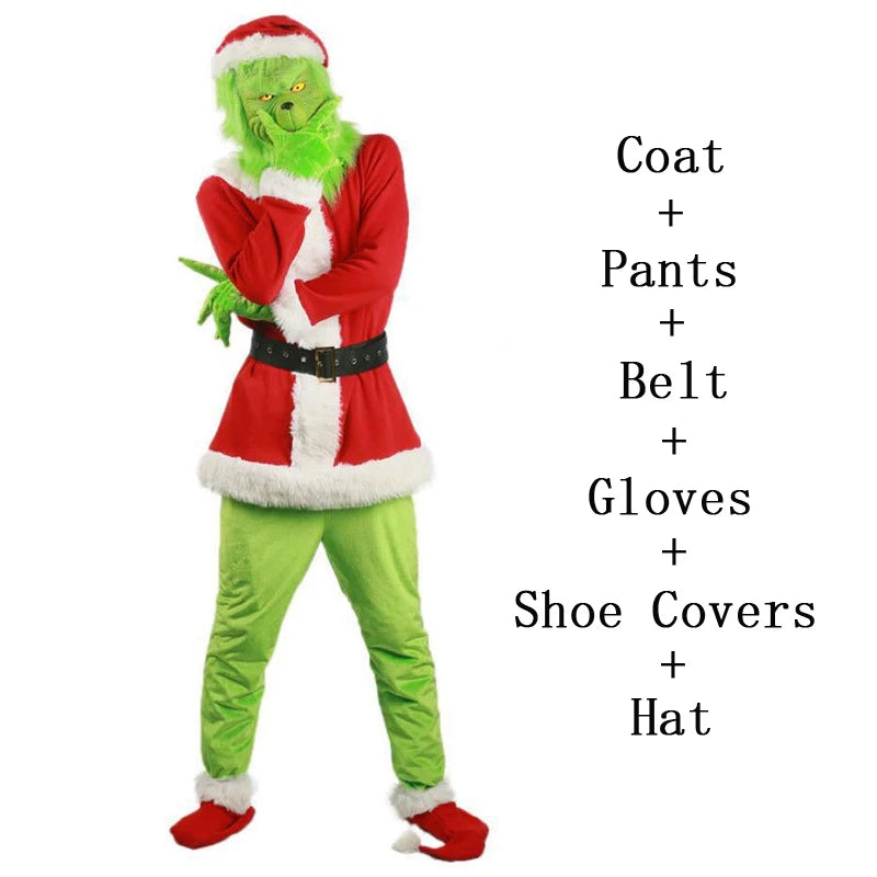Grinch Christmas Costume Adult Green Fleece Santa Suit Red White Trim Holiday Party Outfit Cosplay Full Set Unisex Polyester