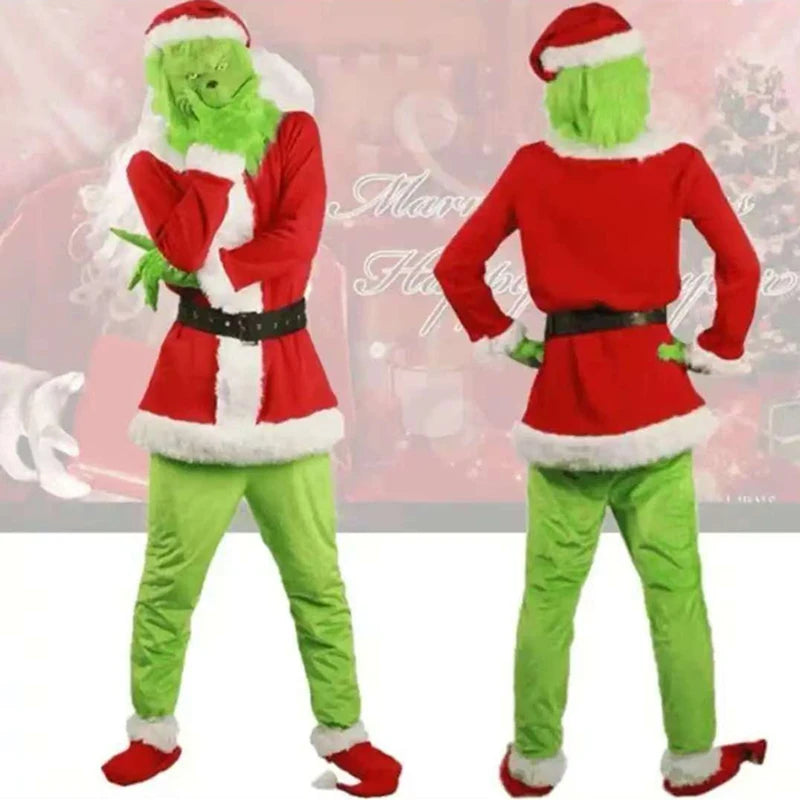 Grinch Christmas Costume Adult Green Fleece Santa Suit Red White Trim Holiday Party Outfit Cosplay Full Set Unisex Polyester