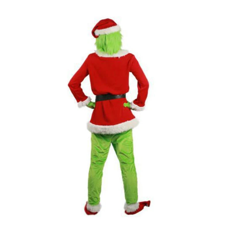 Grinch Christmas Costume Adult Green Fleece Santa Suit Red White Trim Holiday Party Outfit Cosplay Full Set Unisex Polyester