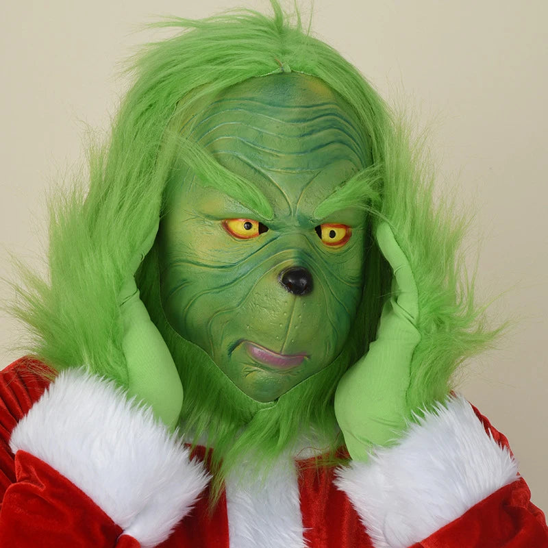 Grinch Christmas Costume Adult Green Fleece Santa Suit Red White Trim Holiday Party Outfit Cosplay Full Set Unisex Polyester