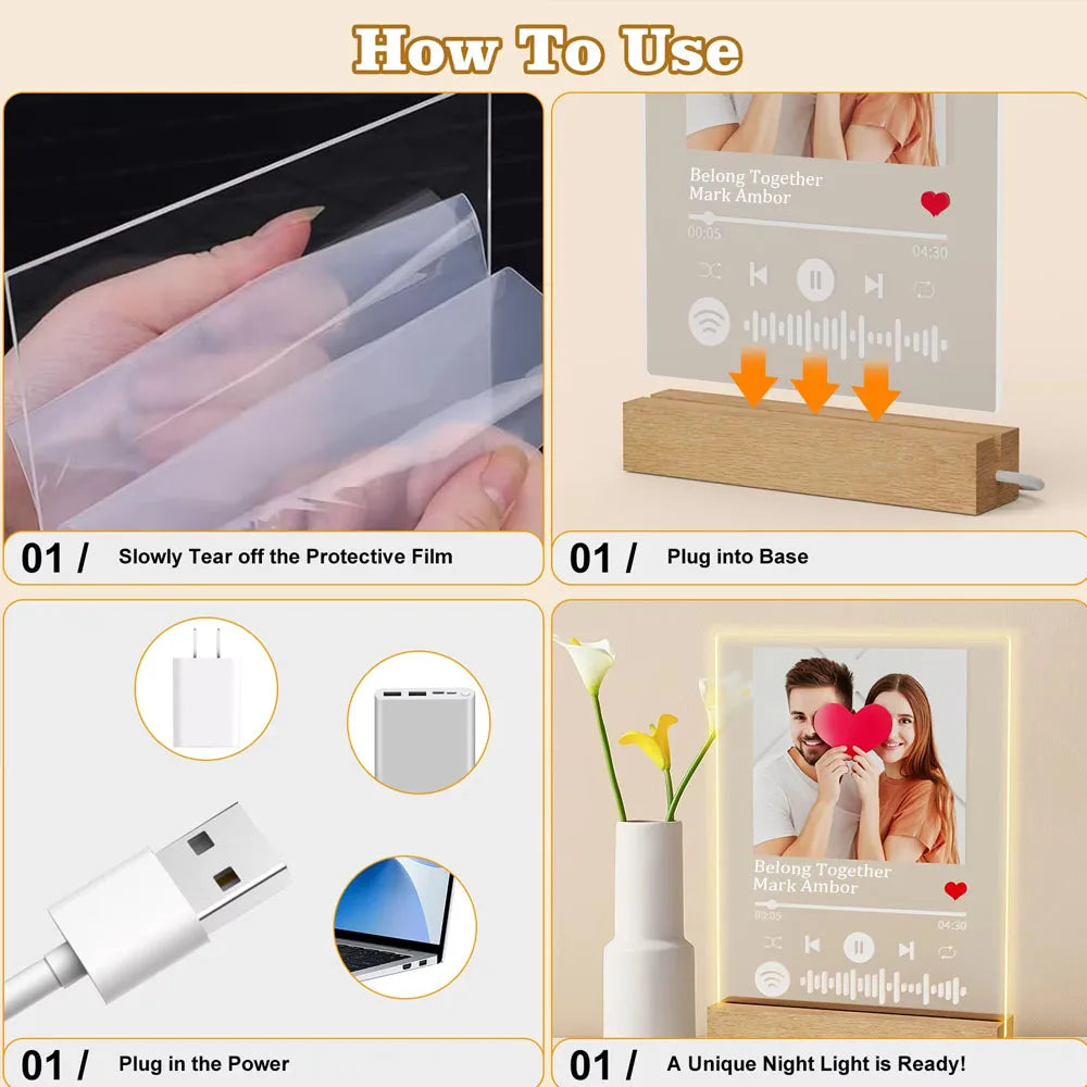 Personalised Acrylic Spotify Music Photo Plaque LED Night Light Custom