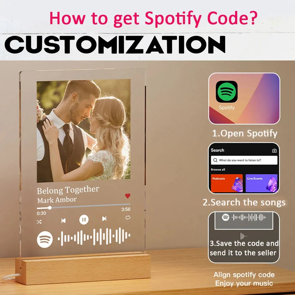 Personalised Acrylic Spotify Music Photo Plaque LED Night Light Custom